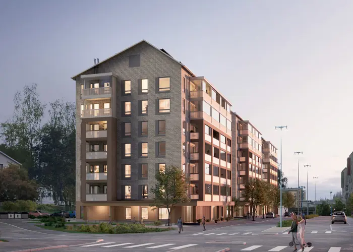 Luonnoskuva Hartelan Järvenpään Pormestarinkulman julkisivusta ilta-aikaan