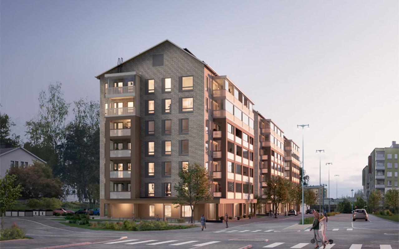 Luonnoskuva Hartelan Järvenpään Pormestarinkulman julkisivusta ilta-aikaan