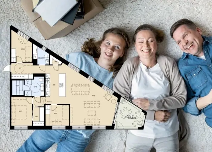 Pariskunta ja tytär makaamassa matolla muuttopuuhien keskellä. Kuvan päällä Helgan asntopohja.