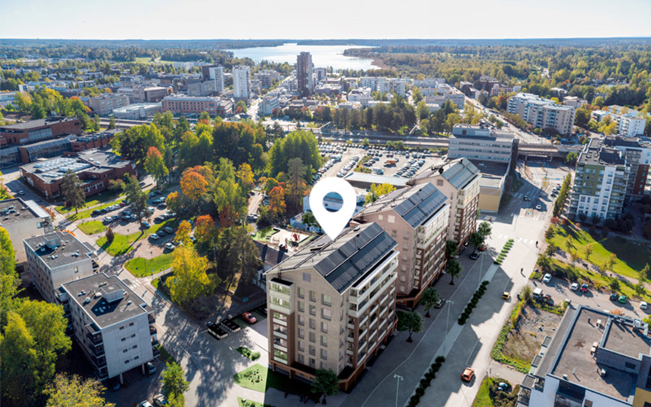 Ilmakuvanäkymä Hartelan Järvenpään Pormestarinkulman asuntokohteen luonnoksesta