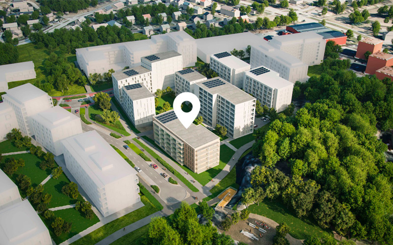 Luonnoskuva ilmasta Turun Pitkämäen alueen tulevista taloista