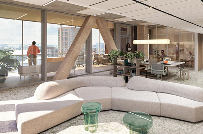 Hartelan kehittämän Jätkäsaaren Arnan toimitilat sisältäpäin havainnekuva