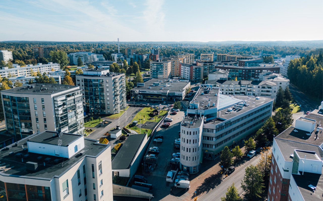 Ilmakuvanäkymä Tampereen Kalevan Takojankadulta päin katsottuna