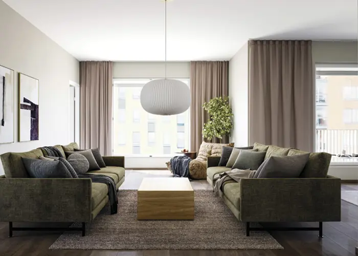 Luonnoskuvanäkymä Turun Skalan olohuonenäkymästä