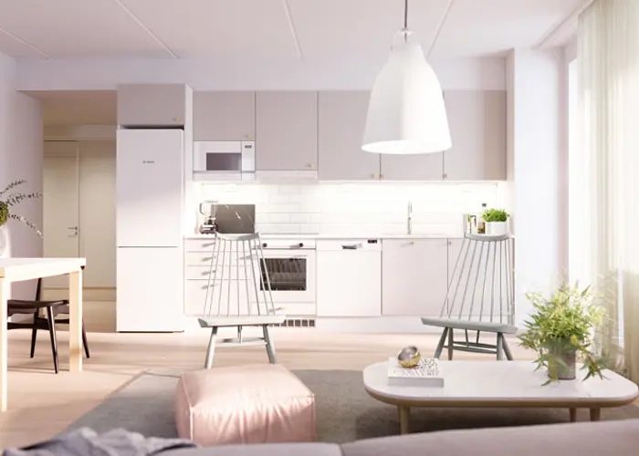 Hartelan luonnoskuva olohuoneesta