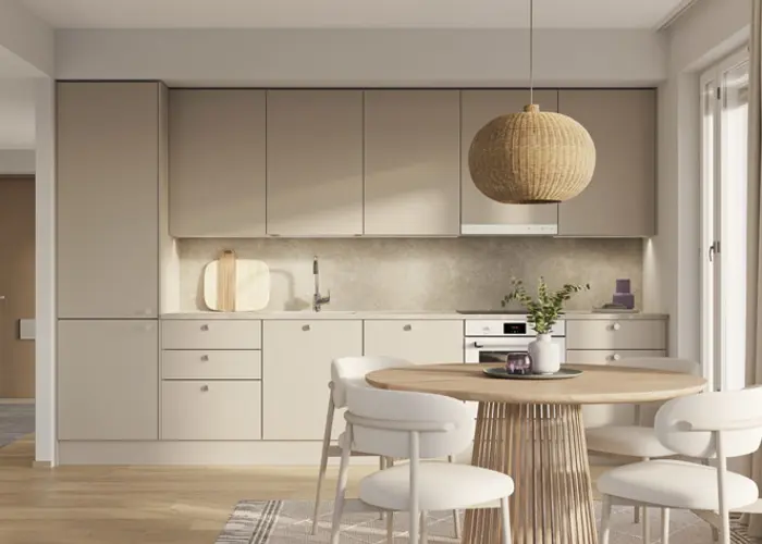 Luonnoskuva Hartelan Pehmeän sisustustyylin keittiöstä