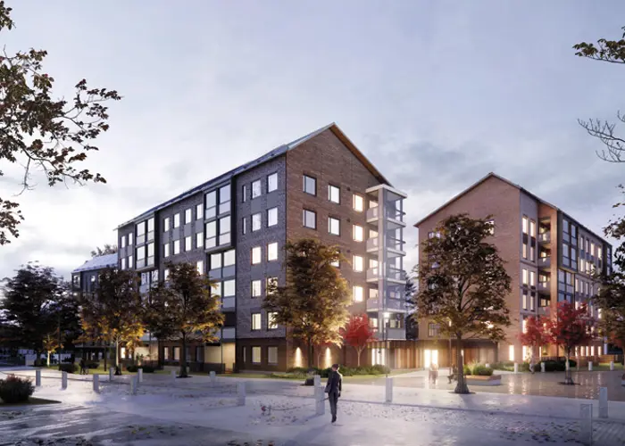 Luonnoskuva Järvenpän Keskuksen kaupunginosaan suunnitteilla olevasta uudesta kerrostalokorttelista