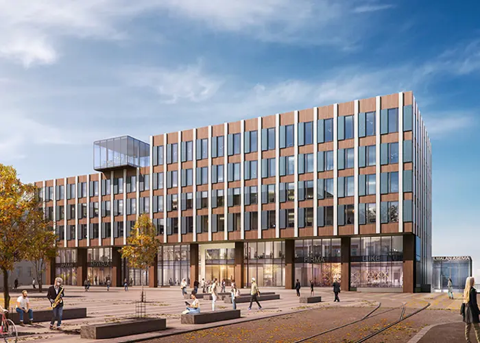 Havainnekuva kehitteillä olevasta Hartelan monitilatoimistosta Ilmalan Torista