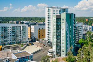 Ilmakuvanäkymä Myyrmäen keskustassa sijaitsevasta Myyrin Tähden asuntokohteen julkisivusta