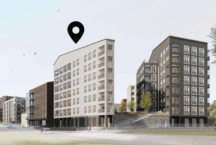 Luonnoskuva näkymä Lauttasaaren Heikkiläntielle suunnittellusta uudesta asuinkorttelista