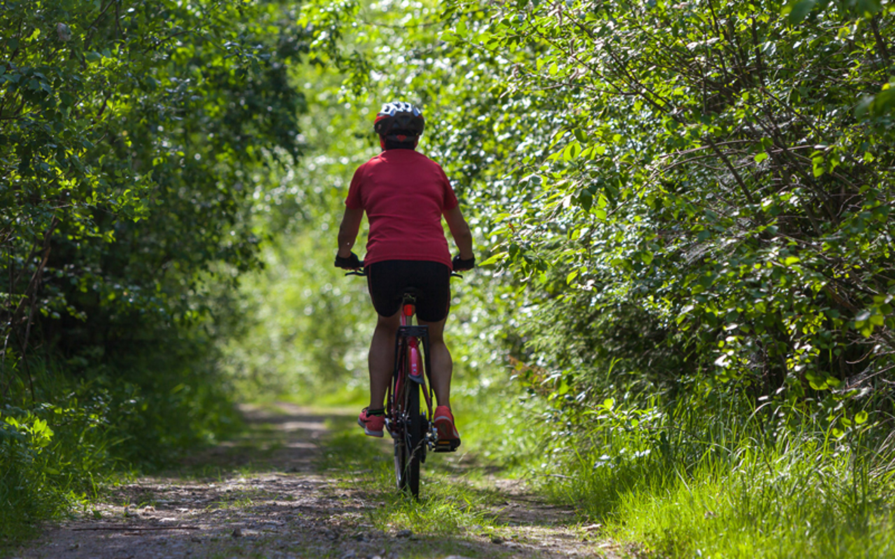 Nainen pyöräilemässä metsätiellä