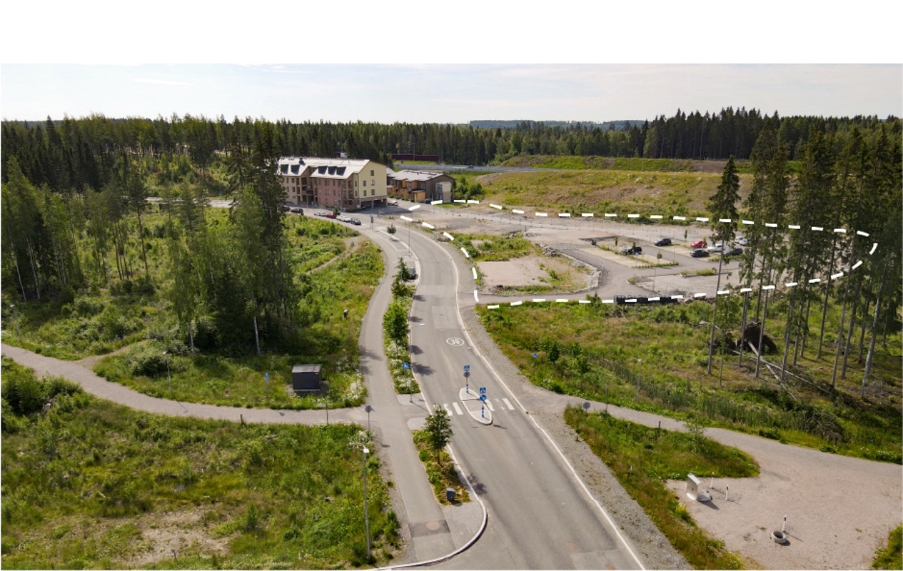 Hartelan tontin sijainti Lamminrahkan alueella merkittynä ilmakuvaan valkoisella katkoviivalla