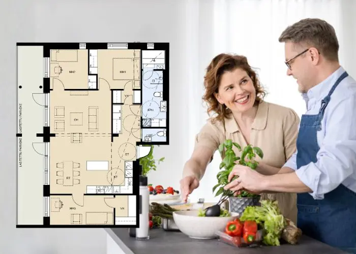 Kuva pariskunnasta laittamassa keittiön saarekkeen ympärillä salaattia sekä asuntopohjan kuva