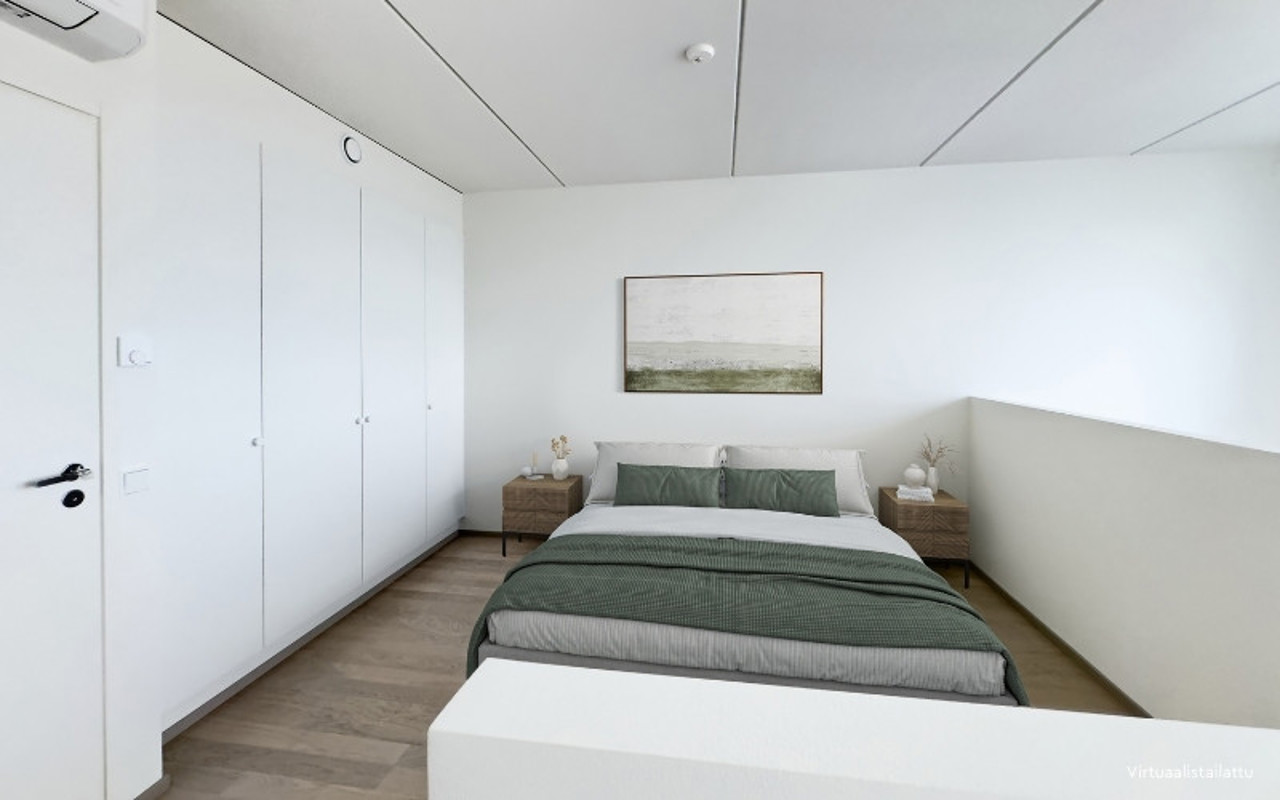 Virtuaalistailattu kuva Kruunuvuorenrannan Kajon asunnon D36 makuuhuoneesta