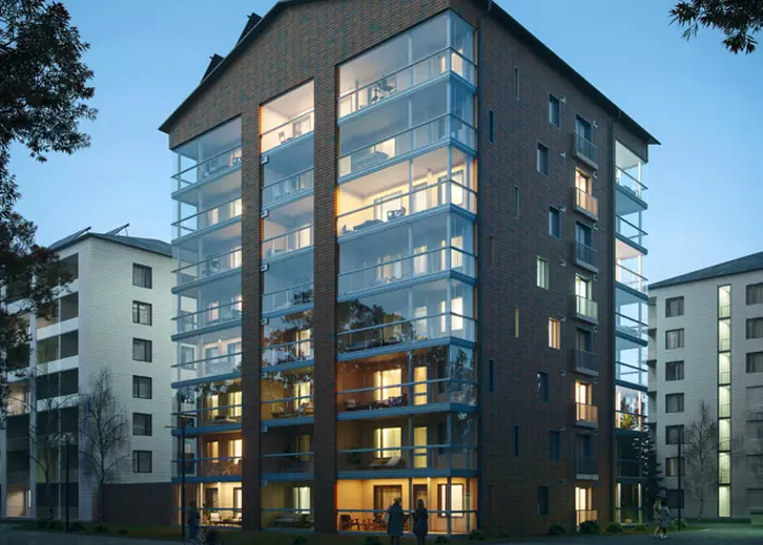 Luonnoskuva Asunto Oy Oulun Satakielestä iltavalaistuksessa