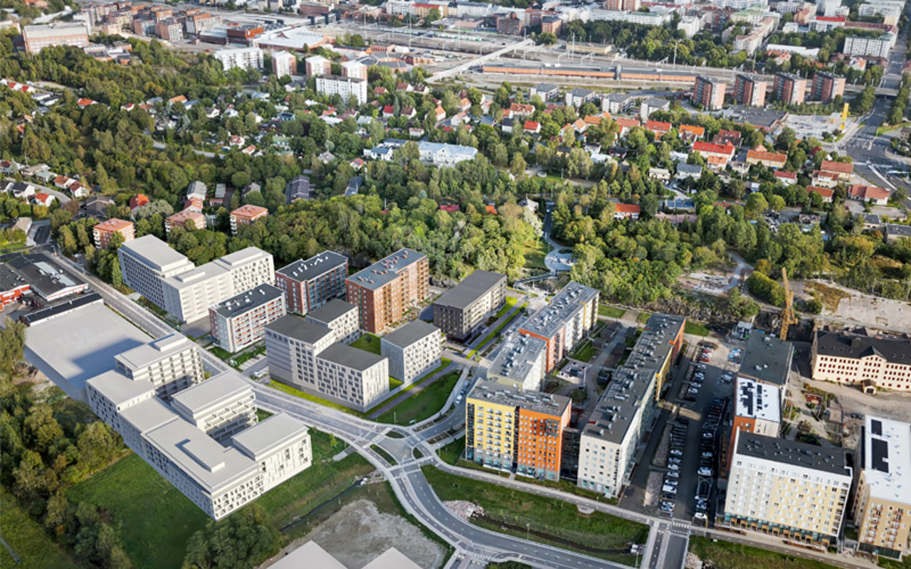 Luonnoskuva Turun Skalan sijoittumisesta Turun Pitkämäen Pukkilan alueella