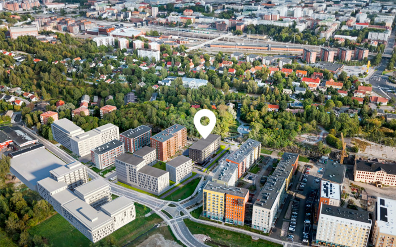 Luonnoskuva Turun Skalan sijoittumisesta Turun Pitkämäen Pukkilan alueella