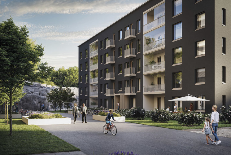 Luonnoskuva Turun Skalan julkisivusta sisäpihalta päin