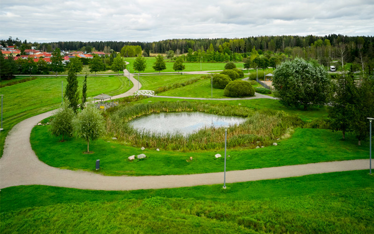Valokuva Espoon Vanttilassa sijaitsevasta Vantinpuiston alueesta kesällä 2025