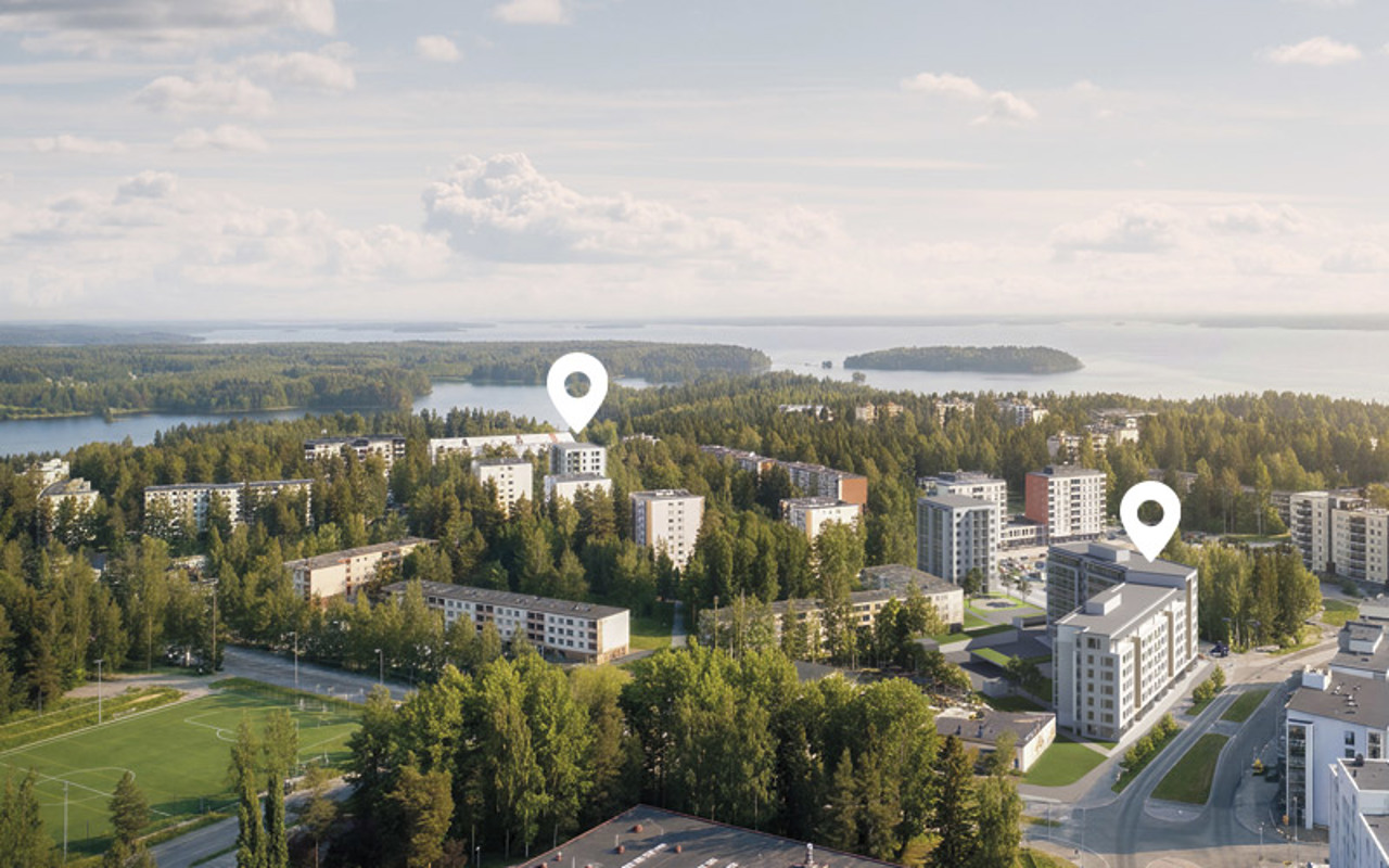 Ilmakuvaluonnos Tampereen Lentävänniemestä, jossa näkyy Hartelan suunnitteilla olevat kerrostalokohteet