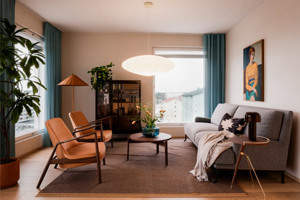 Luonnoskuva Tampereen Kalevaan suunnitteilla olevasta kerrostalokodin olohuoneesta