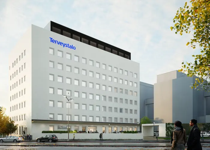 Havainnekuva Terveystalon Turun Kupittaan uudesta lääkärikeskuksesta ja sairaalasta.