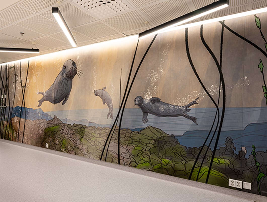 Hartelan rakentaman T3 sairaalan seinän harmaahylje maalaus