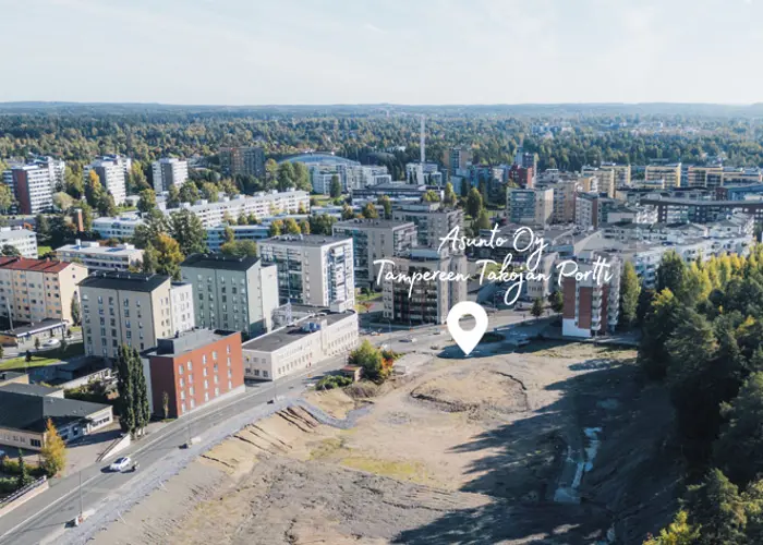 Ilmakuva näkymä Tampereen Takojan Portin suunnitteilla olevan kohteen sijainnista tontilla