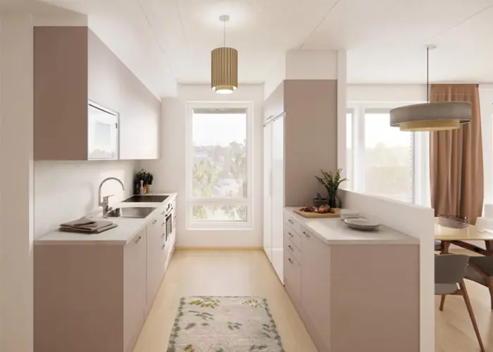 Luonnoskuvanäkymä Hartelan Järvenpään Pormestarinkulman asunnon A25 keittiöstä