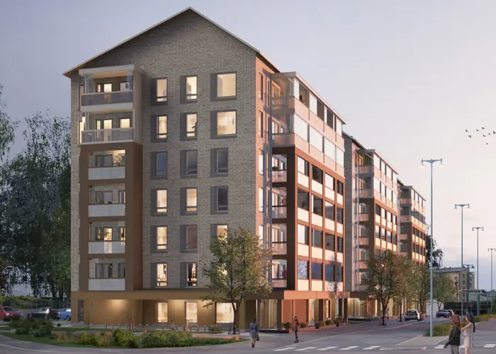 Luonnoskuva näkymä Järvenpään Pormestarinkulman kohteen julkisivusta