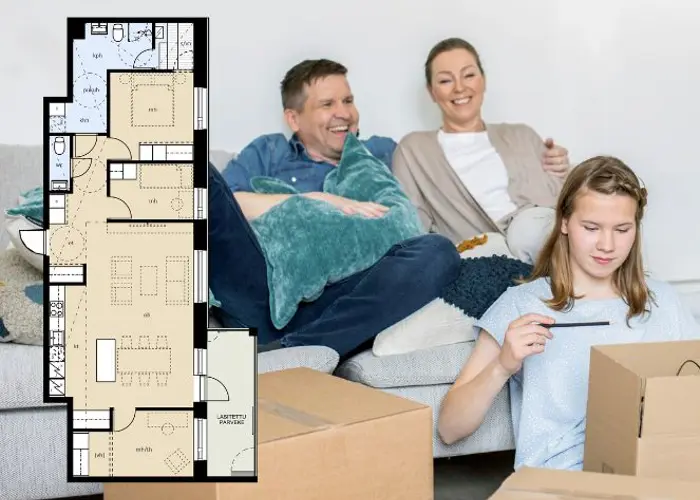 Valokuva Turun Skalan asuntopohjasta sekä perheestä, jossa vanhemmat istuu sohvalla ja lapsi pakkaa muuttolaatikoita