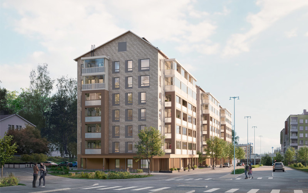 Luonnoskuva Järvenpään Pormestarinkulman julkisivusta päiväsaikaan Myllyntien ja Valtuustonkadun kulmasta katsottuna