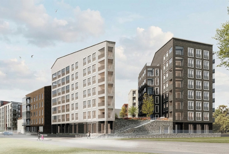 Luonnoskuva näkymä Hartelan asuinkorttelista joka tulee rakentumaan Heikkiläntien varteen